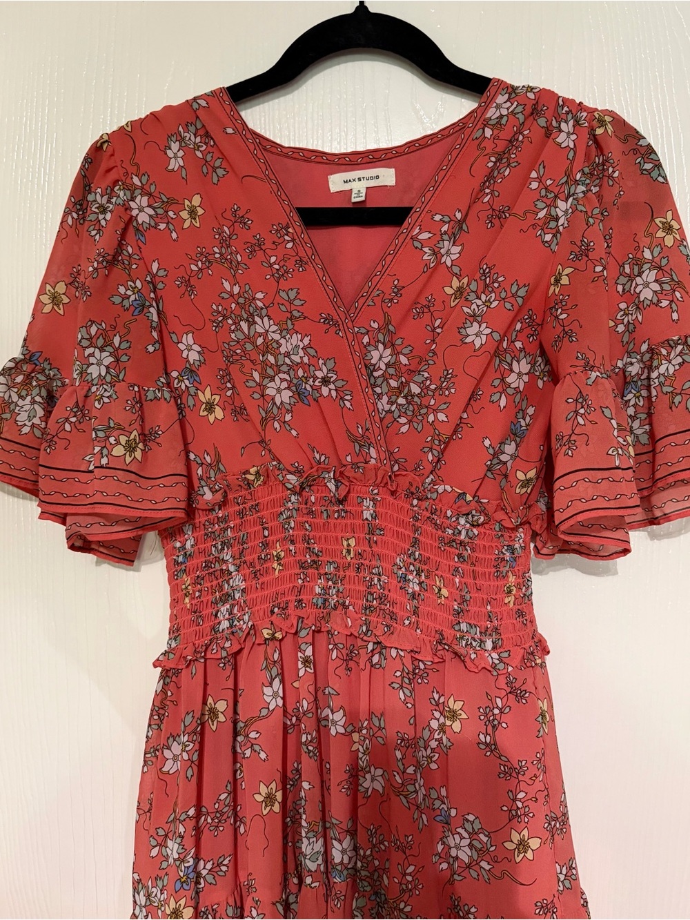 Max Studio Coral Floral V-Neck Smocked Midi Dress